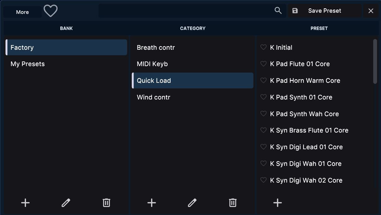 The preset browser with the list of saved presets