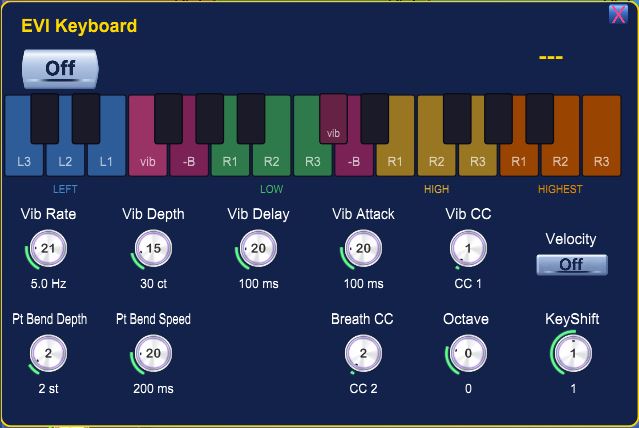The EVI Keyboard panel with its key groups and vibrato settings