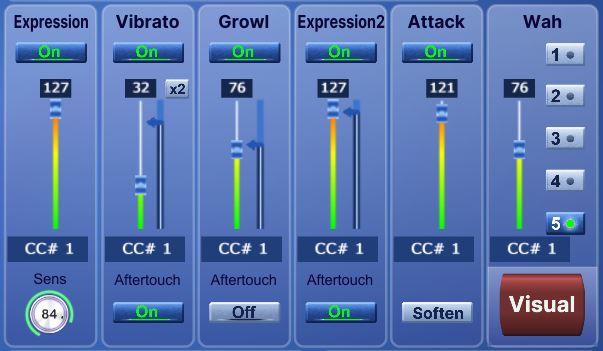 Expression, vibrato, growl, attack and wah, with the Visual button
