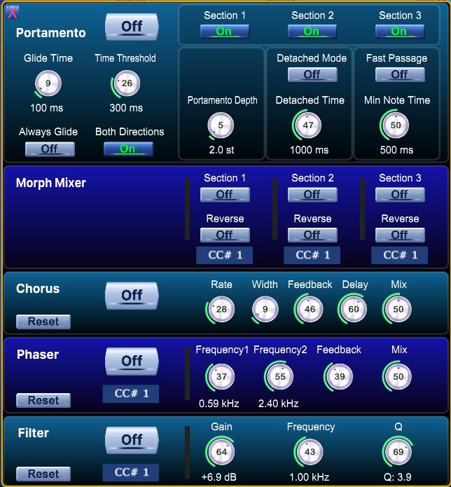 The FX 1 panel: portamento, morph mixer, chorus, phaser and filter