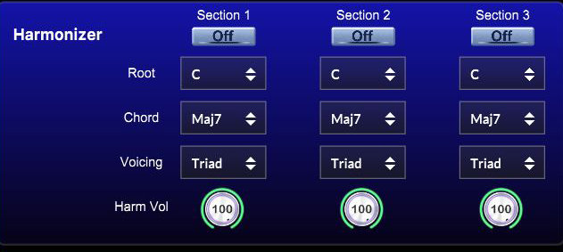 The harmonizer: root, chord, voicing and volume per section