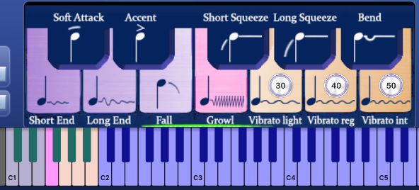 The keyswitch keys: attack, accent, squeeze, bend, fall, growl and vibrato
