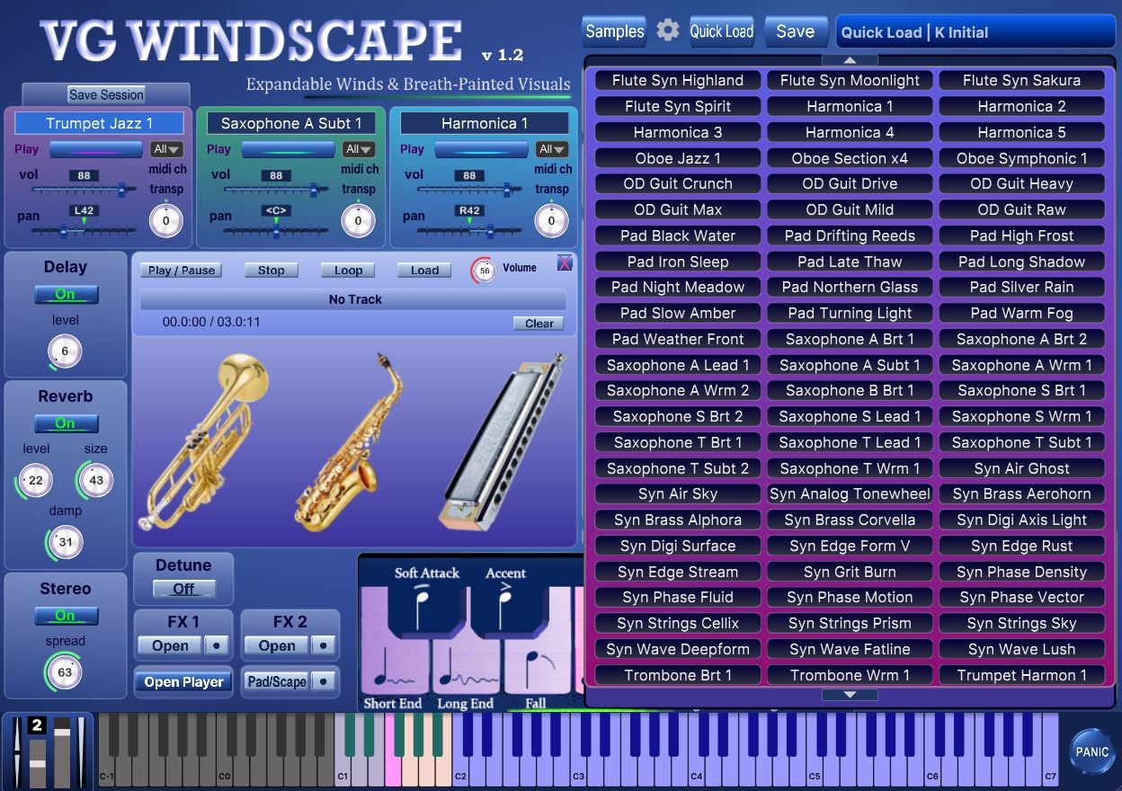 The VG Windscape window with the whole VG sound library in the browser