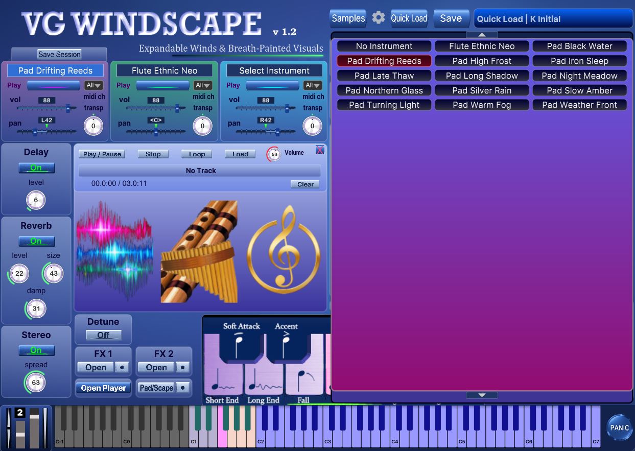 The VG Windscape window with the thirteen pad sound sets in the browser