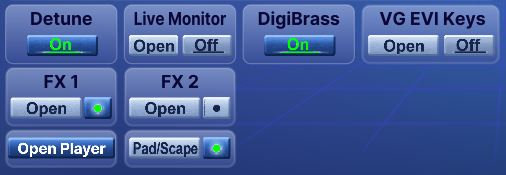 The buttons that open detune, the live monitor, DigiBrass, EVI keys, the effect panels, the player and Pad/Scape