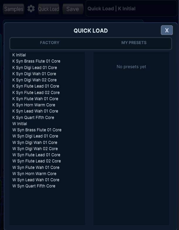 The Quick Load browser listing the available sound sets