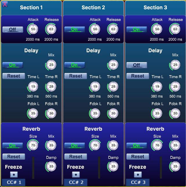 The Pad/Scape panel: attack, release, delay, reverb and freeze for each of the three sections