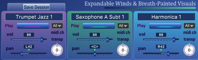The three instrument layers, each with its own sound set, volume, panorama and MIDI channel